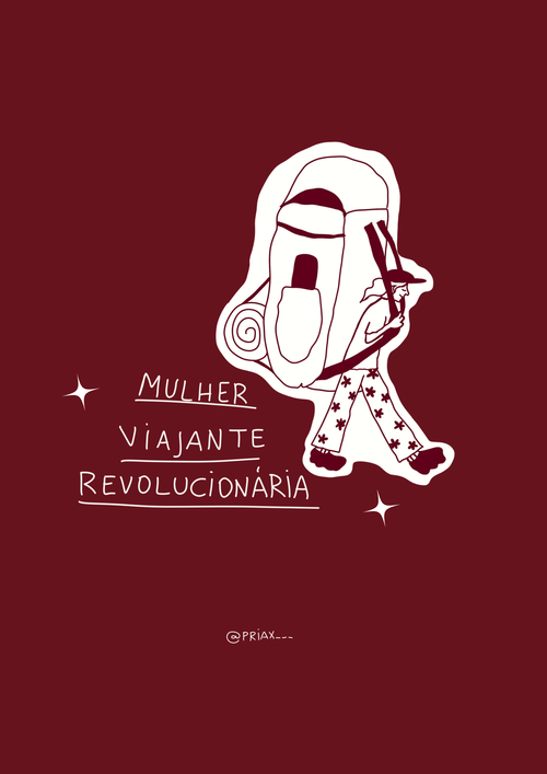 Quadro decorativo em fundo bordô com ilustração em branco de mulher estilizada com chapéu, calças floridas, mochila e bastão, caminhando. Texto 'Mulher Viajante Revolucionária' abaixo da figura.