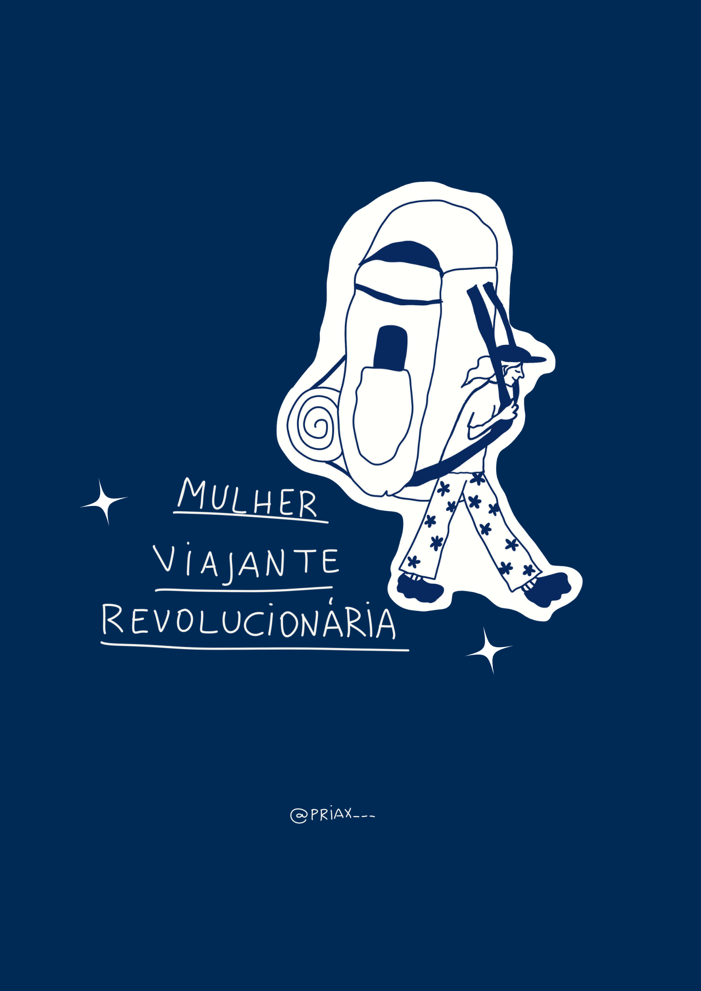 Ilustração minimalista em azul marinho e branco de uma mulher viajante de perfil, com mochila e bastão, e a frase 'Mulher Viajante Revolucionária' com estrelas.
