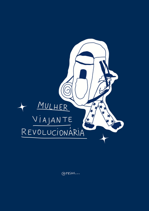 Ilustração minimalista em azul marinho e branco de uma mulher viajante de perfil, com mochila e bastão, e a frase 'Mulher Viajante Revolucionária' com estrelas.
