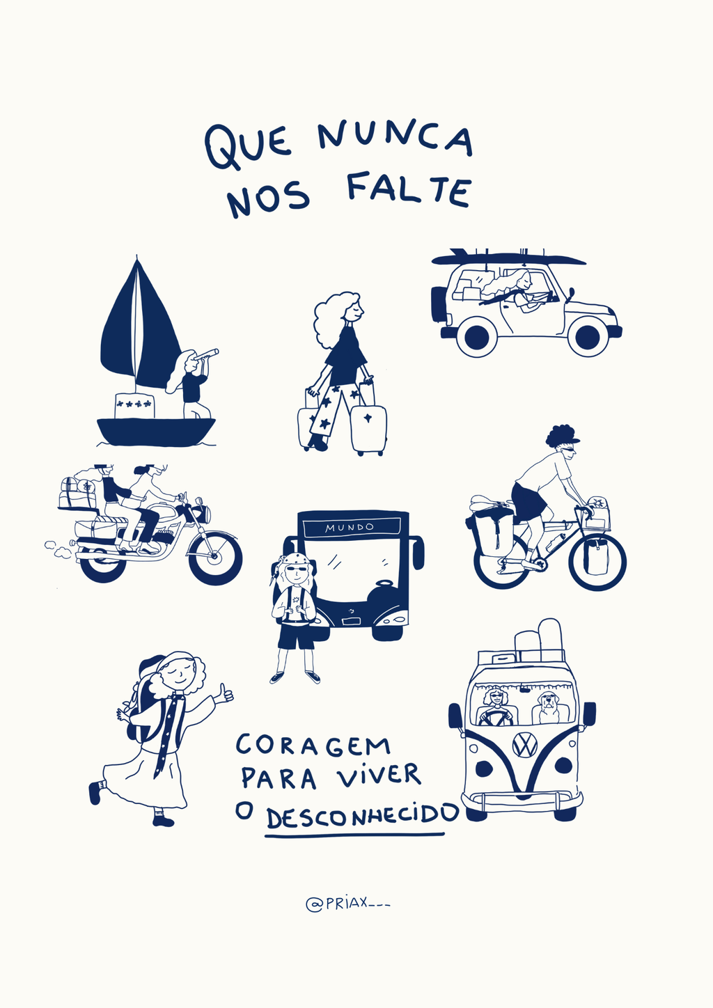 Quadro decorativo com diversas ilustrações de pessoas viajando em diferentes meios de transporte como veleiro, moto, jipe, ônibus, bicicleta e kombi, todas em estilo de desenho simples na cor azul escuro sobre fundo branco. No topo, a frase 'QUE NUNCA NOS FALTE' e abaixo 'CORAGEM PARA VIVER O DESCONHECIDO'.