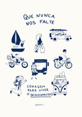 Quadro decorativo com diversas ilustrações de pessoas viajando em diferentes meios de transporte como veleiro, moto, jipe, ônibus, bicicleta e kombi, todas em estilo de desenho simples na cor azul escuro sobre fundo branco. No topo, a frase 'QUE NUNCA NOS FALTE' e abaixo 'CORAGEM PARA VIVER O DESCONHECIDO'.