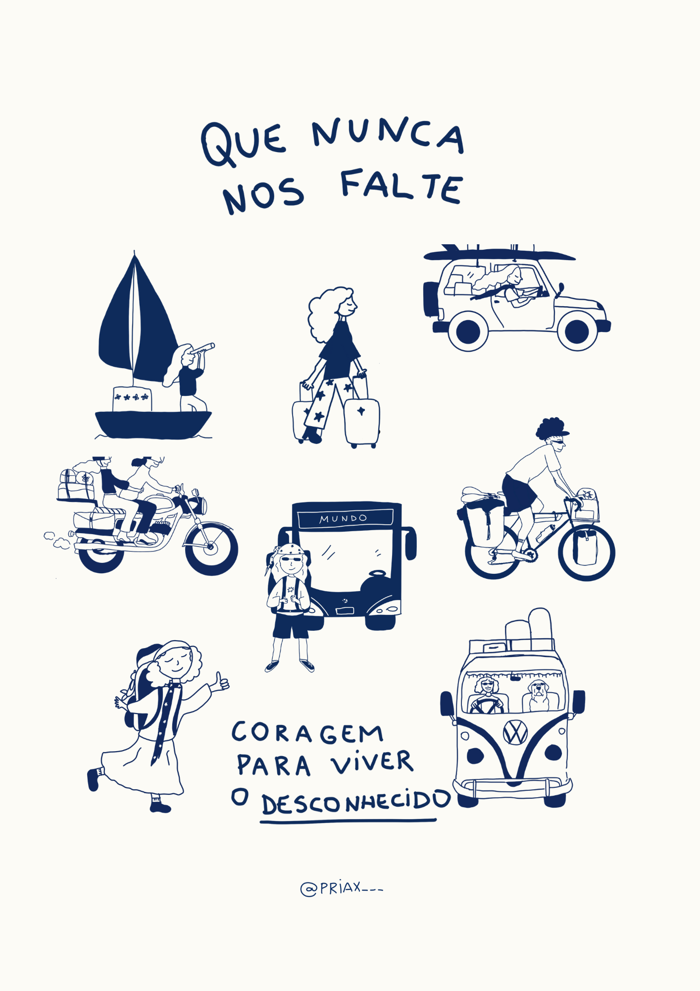 Quadro decorativo com diversas ilustrações de pessoas viajando em diferentes meios de transporte como veleiro, moto, jipe, ônibus, bicicleta e kombi, todas em estilo de desenho simples na cor azul escuro sobre fundo branco. No topo, a frase 'QUE NUNCA NOS FALTE' e abaixo 'CORAGEM PARA VIVER O DESCONHECIDO'.