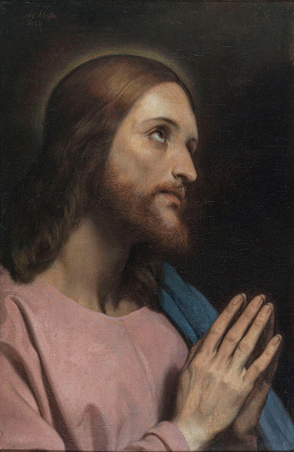 Quadro decorativo de Jesus Cristo em oração, com olhar elevado e mãos postas, em tons de rosa e azul sobre fundo escuro. Obra de Ary Scheffer.