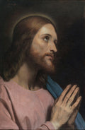 Quadro decorativo de Jesus Cristo em oração, com olhar elevado e mãos postas, em tons de rosa e azul sobre fundo escuro. Obra de Ary Scheffer.