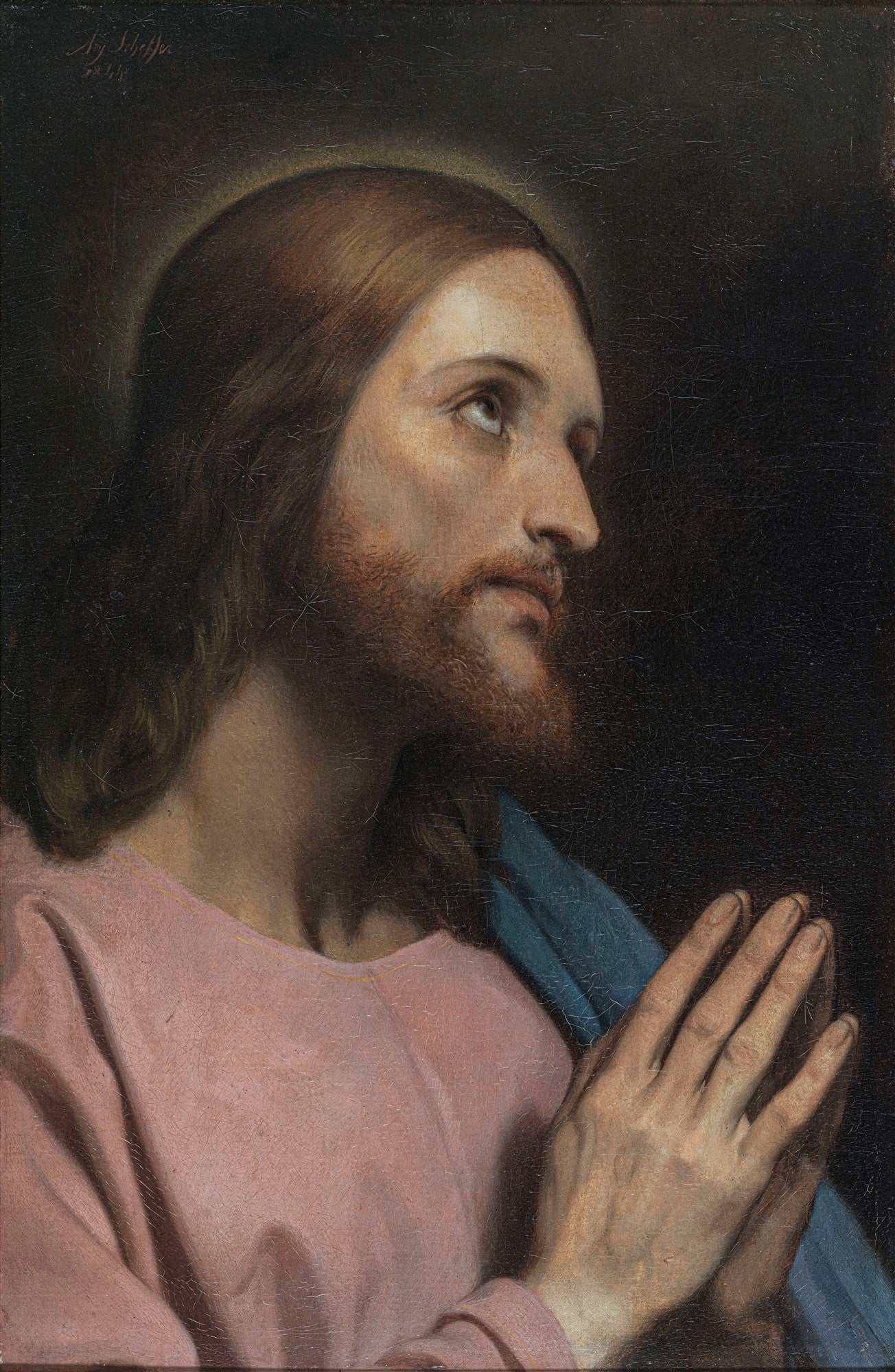Quadro decorativo de Jesus Cristo em oração, com olhar elevado e mãos postas, em tons de rosa e azul sobre fundo escuro. Obra de Ary Scheffer.