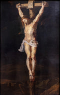 Pintura a óleo de Jesus Cristo crucificado em uma cruz de madeira escura, com um fundo preto. A figura de Cristo é iluminada, mostrando detalhes de sua anatomia, ferimentos e uma túnica branca ao redor da cintura. Há uma inscrição no topo da cruz. Uma pequena vista de uma cidade ao fundo.