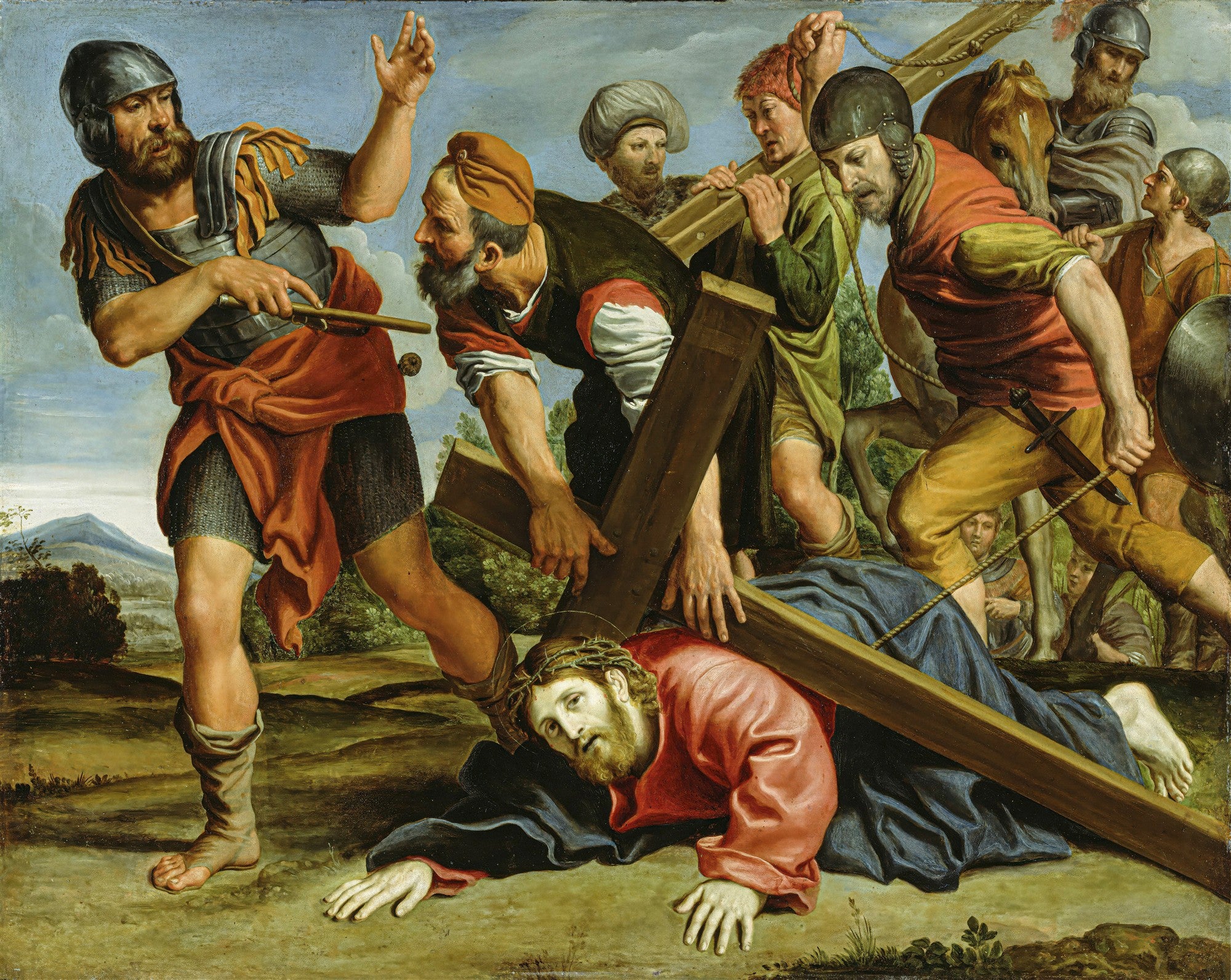 Pintura a óleo representando Jesus Cristo caído sob o peso da cruz, cercado por soldados romanos e uma multidão, em um cenário paisagístico