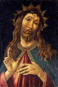 Quadro decorativo mostrando Jesus Cristo com coroa de espinhos, barba e cabelos longos, lágrimas nos olhos, com uma das mãos levantada em bênção e a outra sobre o peito, exibindo as chagas. Fundo escuro.