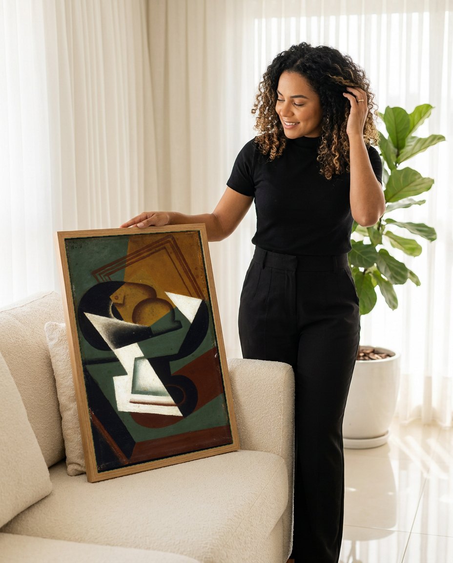 Quadro Decorativo Natureza Morta Cubista - Juan Gris | modelo apresentando o quadro emoldurado
