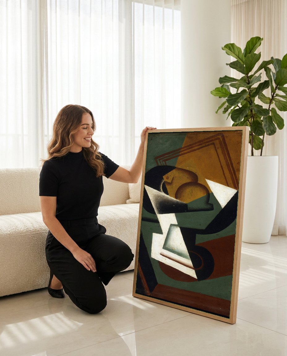 Quadro Decorativo Natureza Morta Cubista - Juan Gris | modelo apresentando o quadro emoldurado