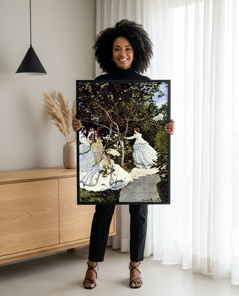 Quadro Decorativo Mulheres no Jardim - Claude Monet | modelo apresentando o quadro emoldurado