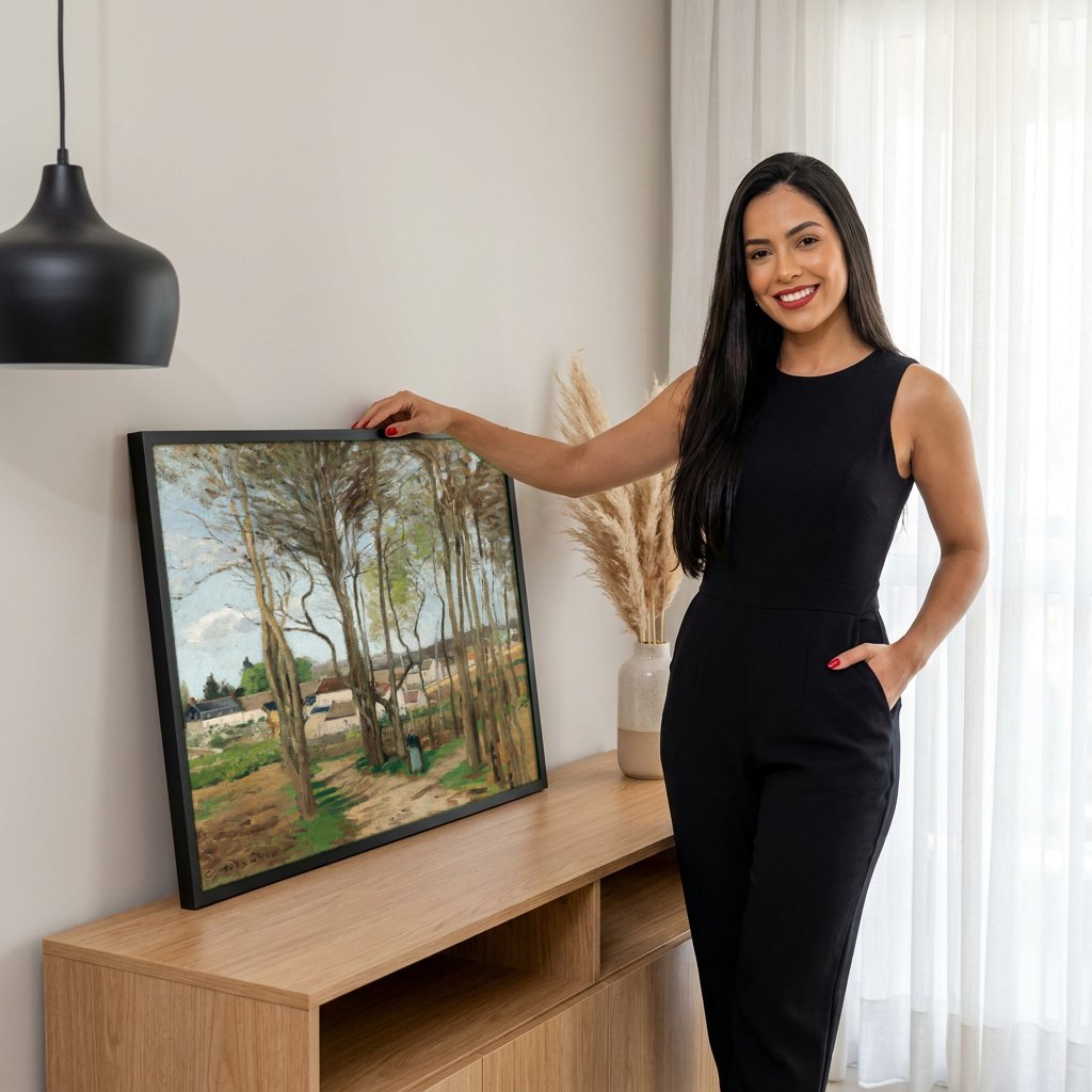 Quadro Decorativo Caminho em Pontoise - Camille Pissarro | modelo apresentando o quadro emoldurado