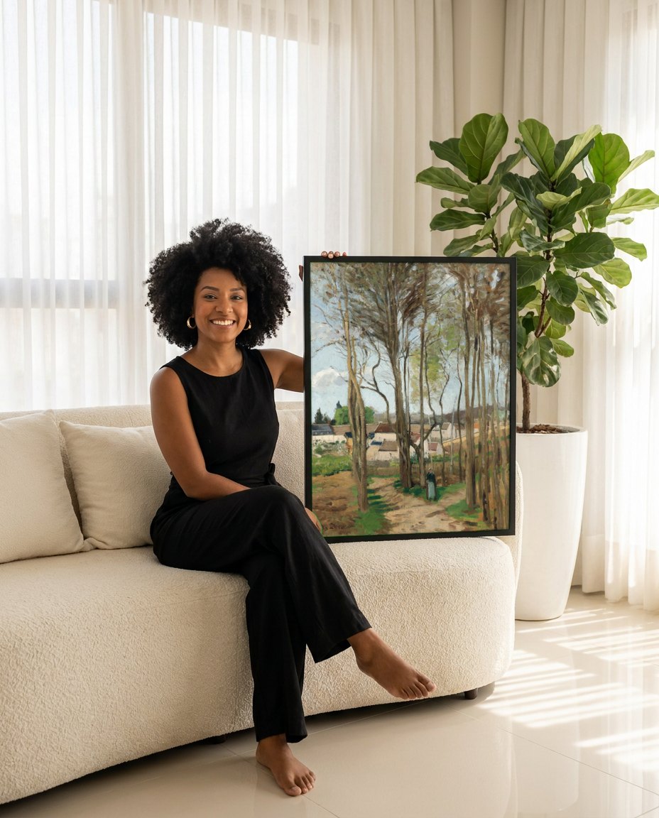 Quadro Decorativo Caminho em Pontoise - Camille Pissarro | modelo apresentando o quadro emoldurado