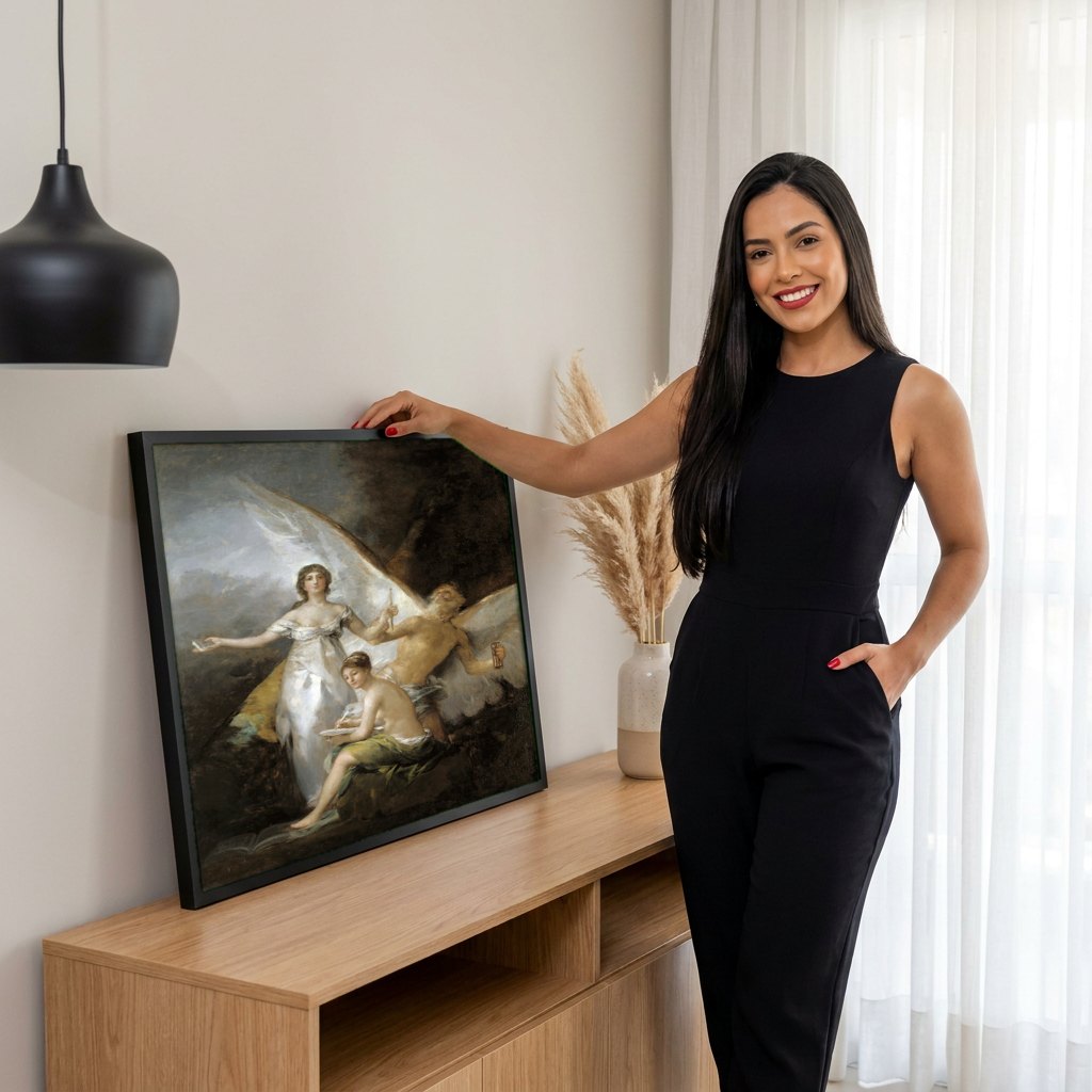 Quadro Decorativo A Verdade, o Tempo e a História - Goya | modelo apresentando o quadro emoldurado
