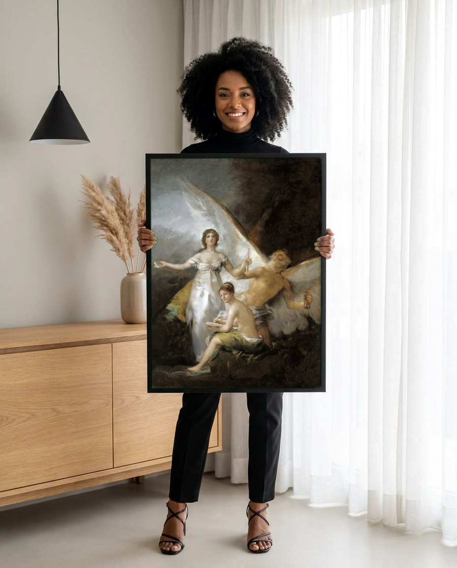 Quadro Decorativo A Verdade, o Tempo e a História - Goya | modelo apresentando o quadro emoldurado