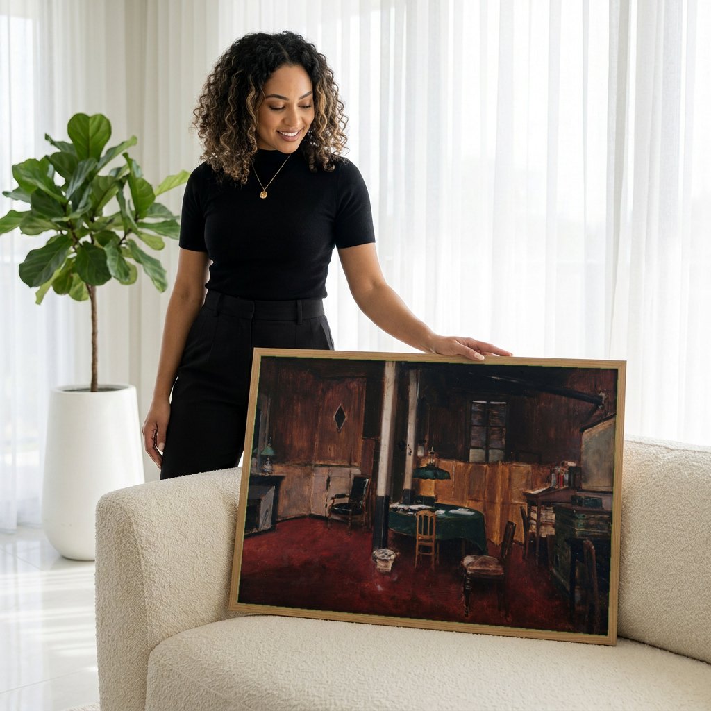 Quadro Decorativo 'O Escritório' - Jean Béraud | modelo apresentando o quadro emoldurado