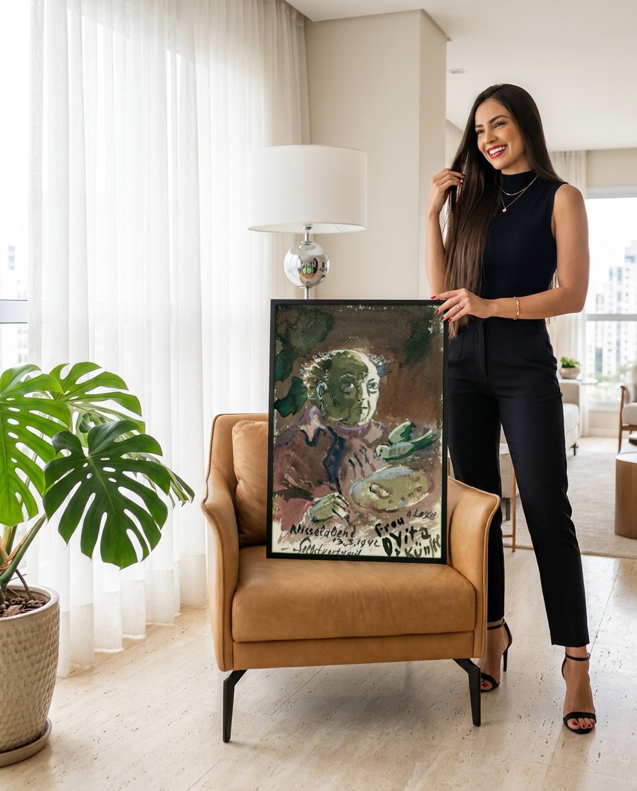 Quadro Decorativo Autorretrato com Pássaro - Oskar Laske | modelo apresentando o quadro emoldurado
