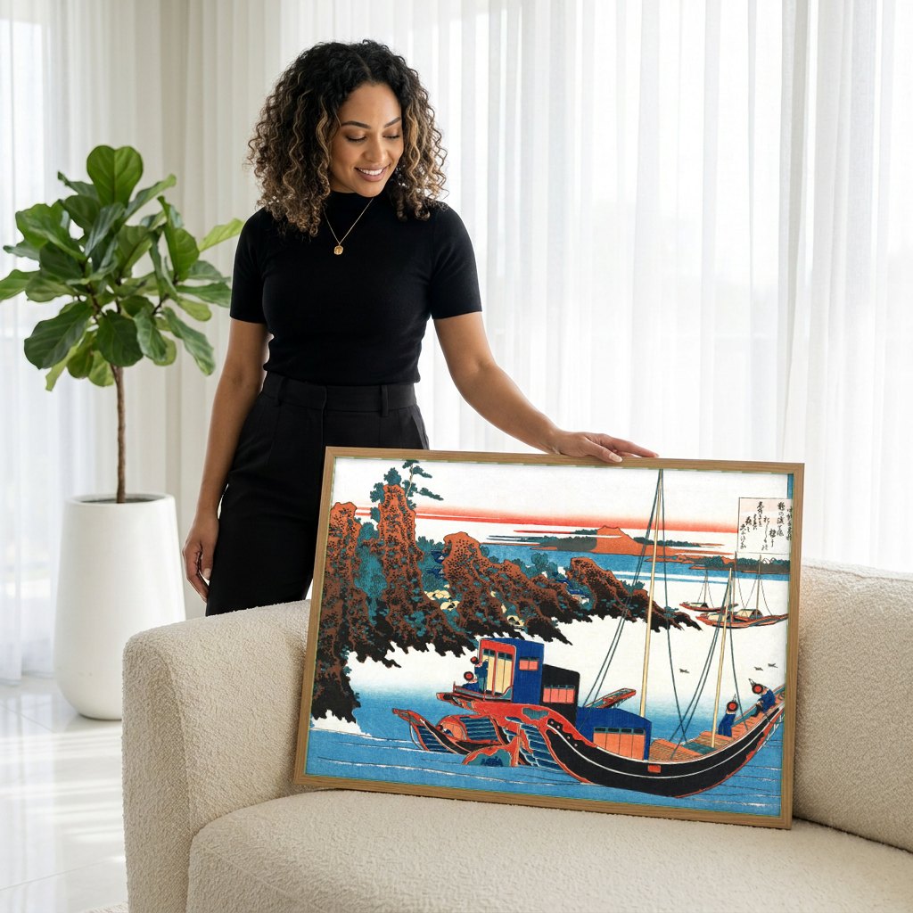Quadro Decorativo Porto de Tago e a Baía de Ejiri - Hokusai | modelo apresentando o quadro emoldurado