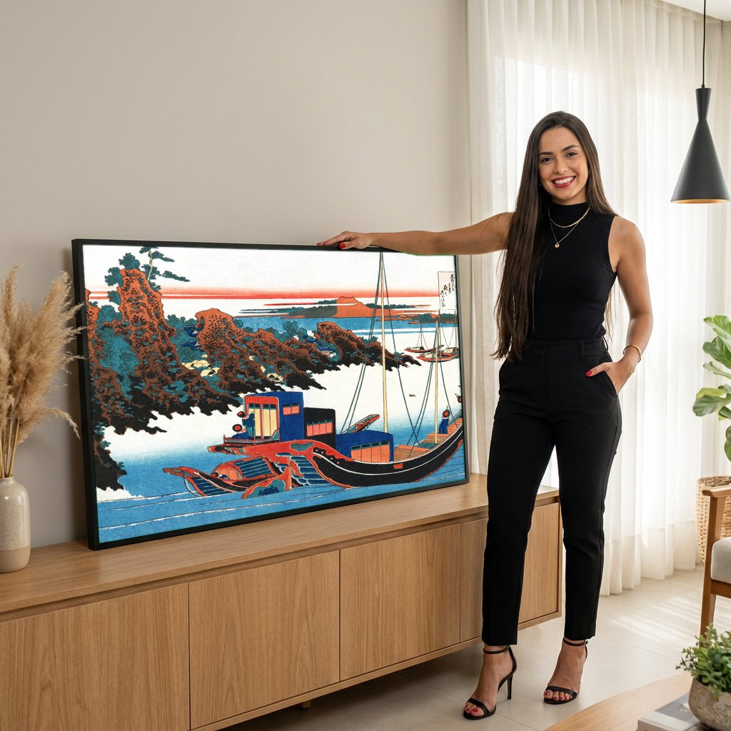 Quadro Decorativo Porto de Tago e a Baía de Ejiri - Hokusai | modelo apresentando o quadro emoldurado