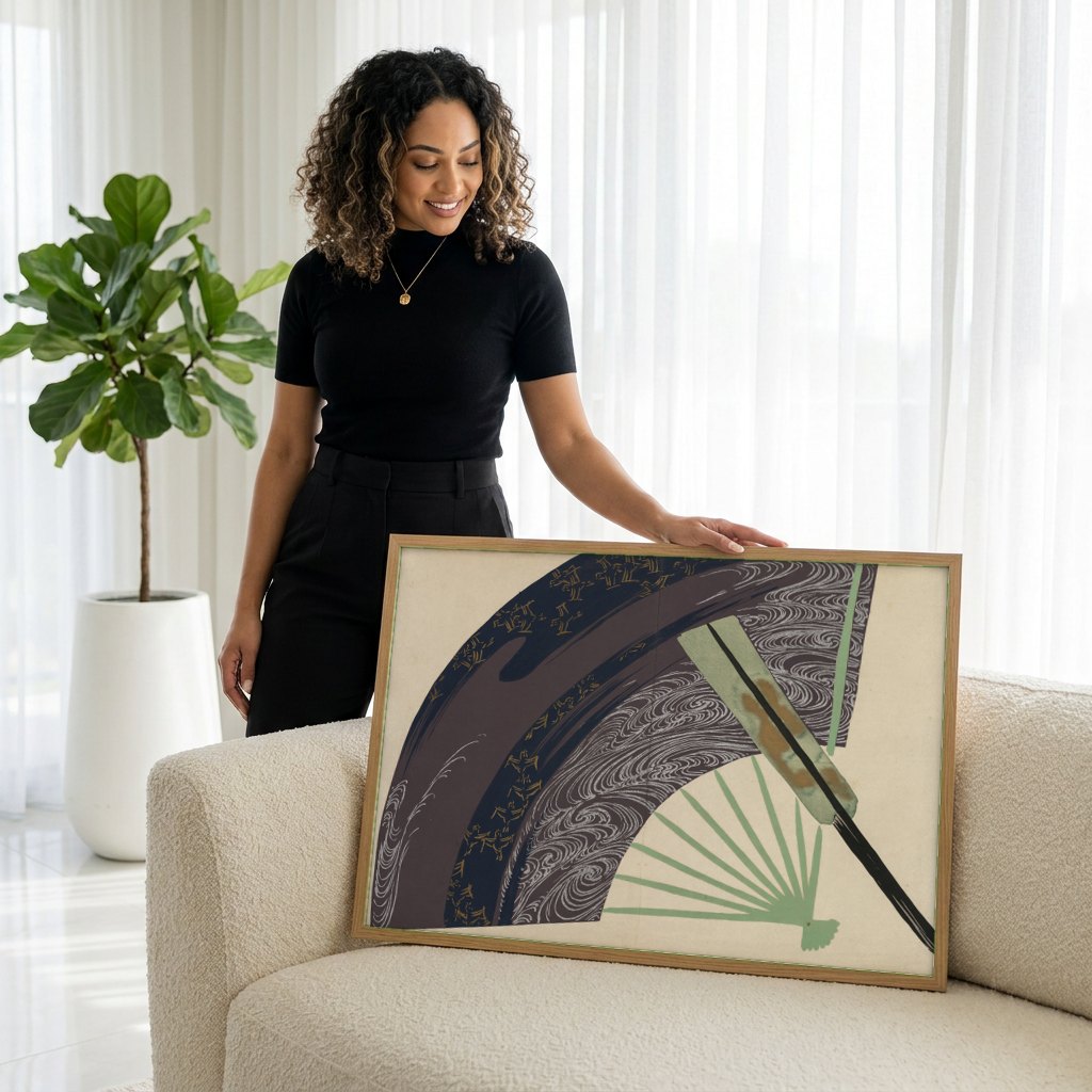 Quadro Decorativo Leque e Ondas - Kamisaka Sekka | modelo apresentando o quadro emoldurado