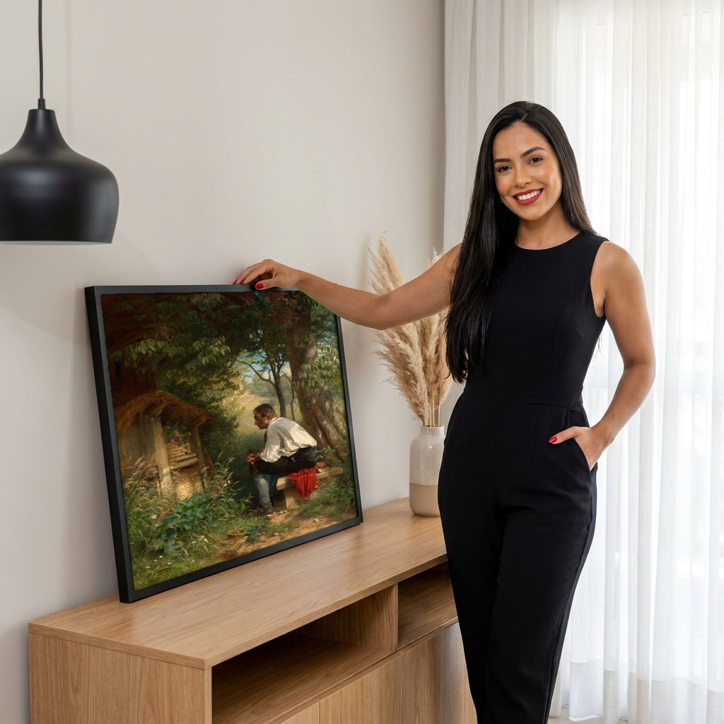 Quadro Decorativo Homem com Cachimbo na Floresta - Hans Thoma | modelo apresentando o quadro emoldurado