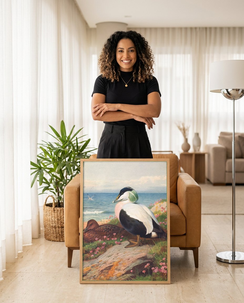 Quadro Decorativo Aves Marinhas na Costa - Thorburn | modelo apresentando o quadro emoldurado