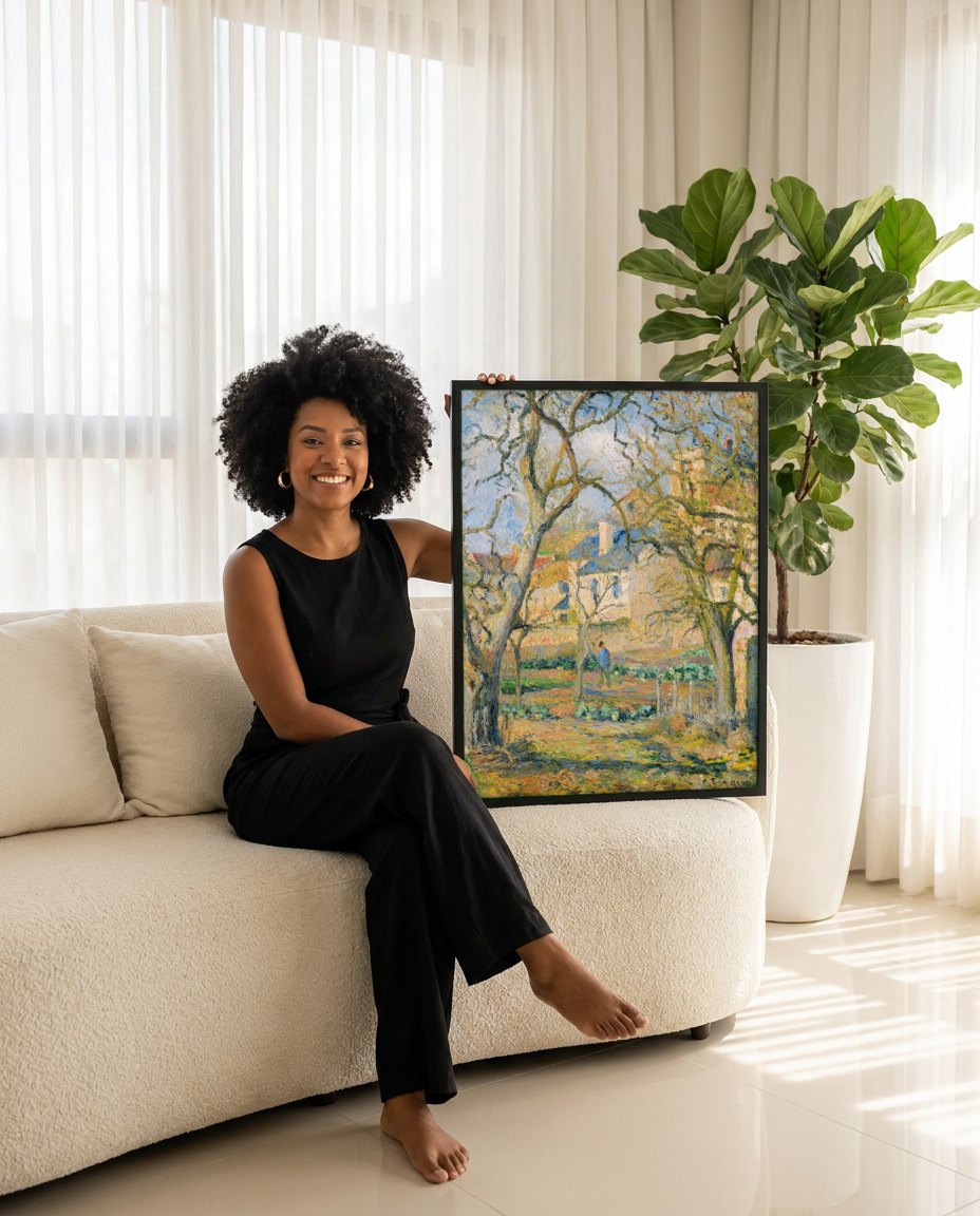 Quadro Decorativo Jardins de Pontoise - Camille Pissarro | modelo apresentando o quadro emoldurado