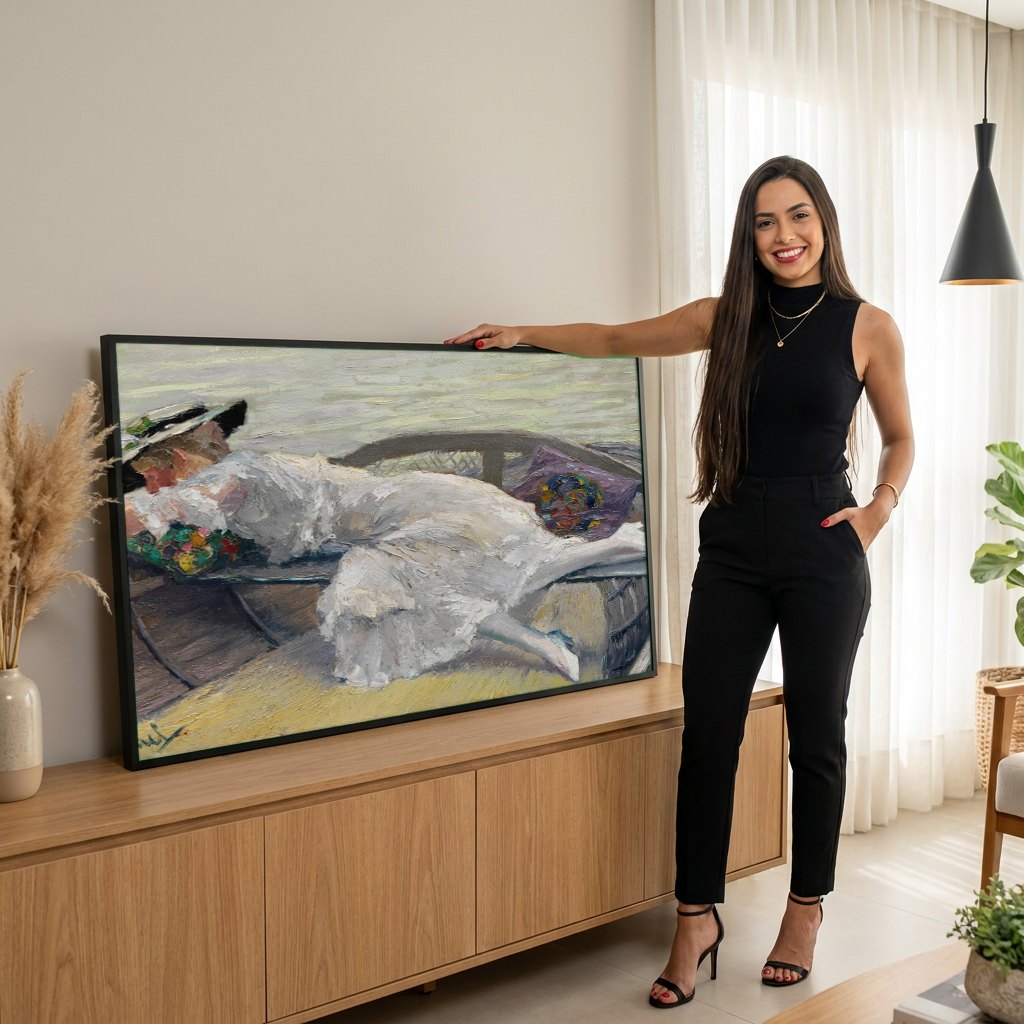 Quadro Decorativo A Mulher no Barco - Edward Cucuel | modelo apresentando o quadro emoldurado