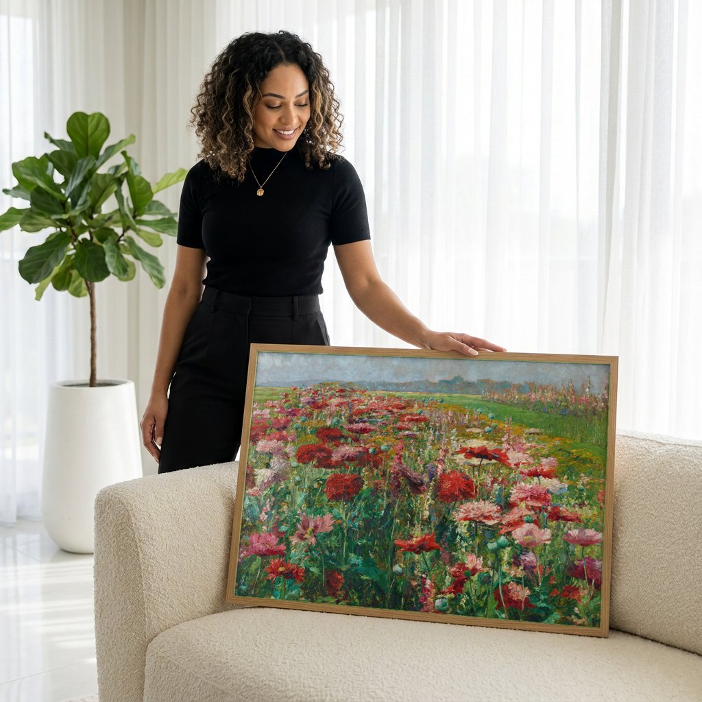 Quadro Decorativo Campo de Papoulas - Olga Wisinger-Florian | modelo apresentando o quadro emoldurado