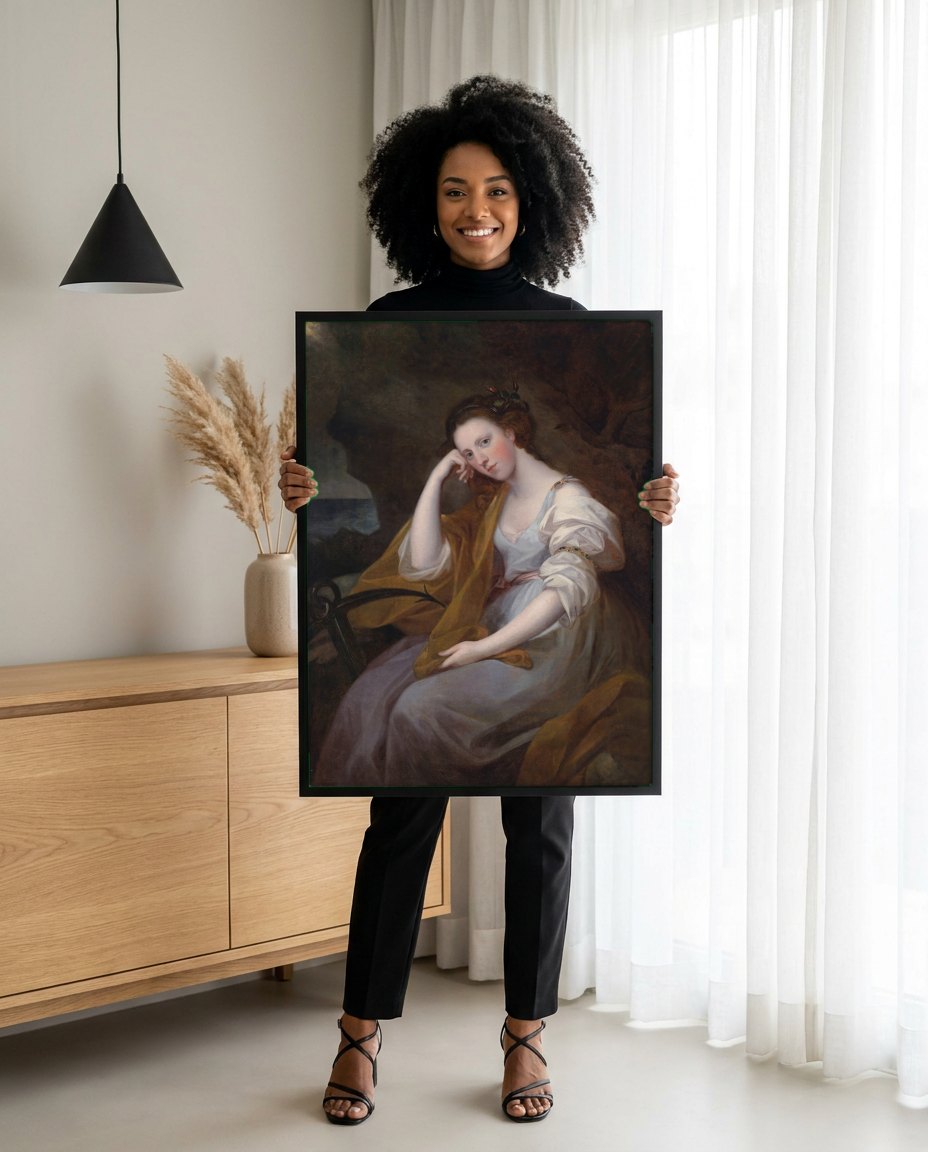 Quadro Decorativo da Melancolia - Angelica Kauffmann | modelo apresentando o quadro emoldurado