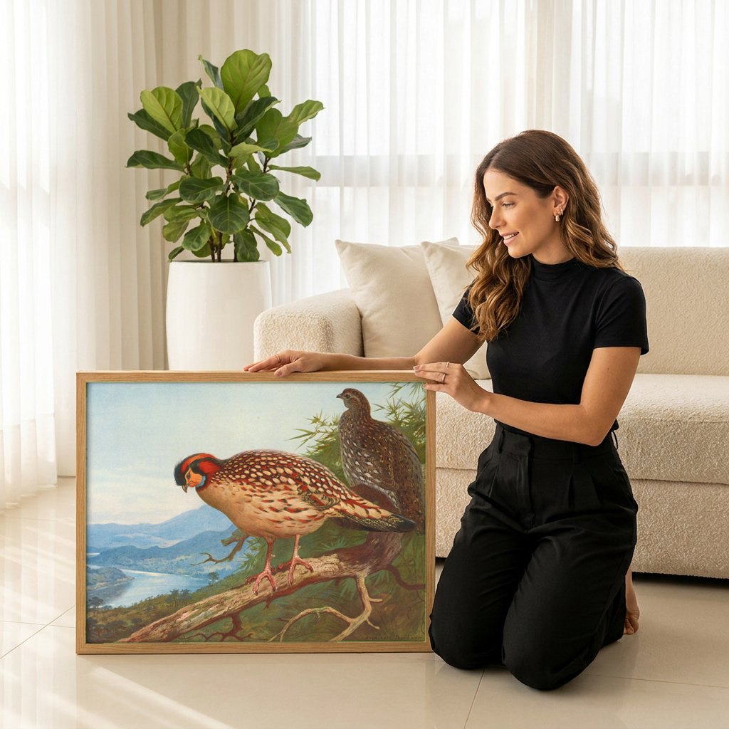 Quadro Decorativo Aves Exóticas em Paisagem - Thorburn | modelo apresentando o quadro emoldurado