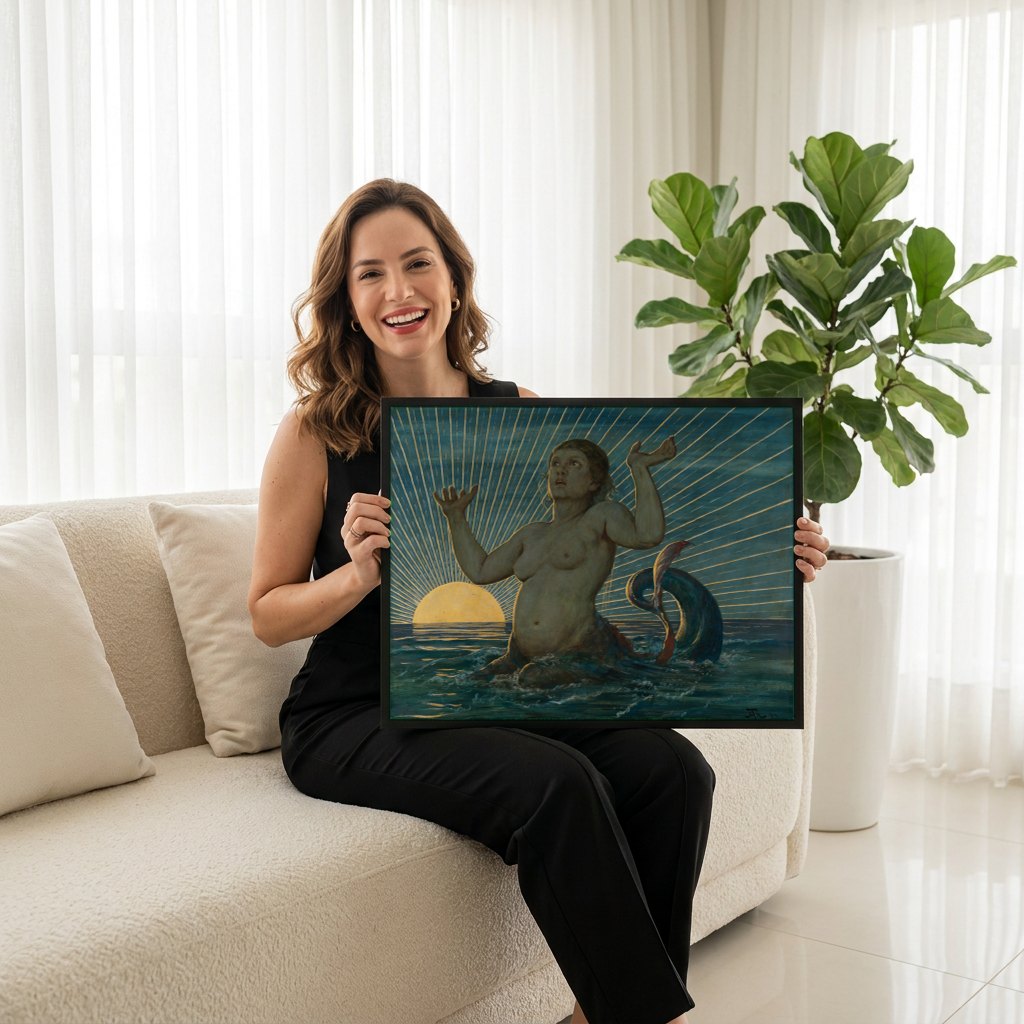 Quadro Decorativo A Sereia - Hans Thoma | modelo apresentando o quadro emoldurado