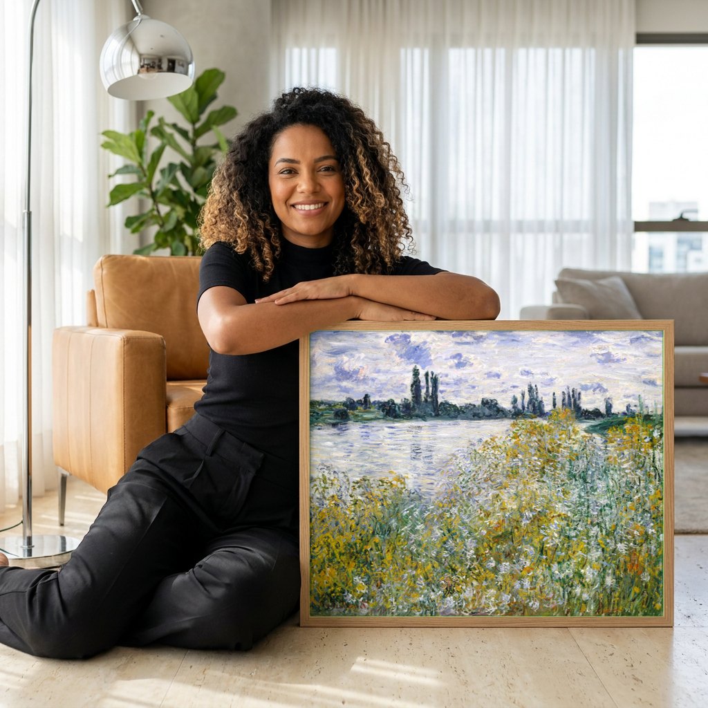 Quadro Decorativo Campo de Papoulas em Argenteuil - Claude Monet | modelo apresentando o quadro emoldurado