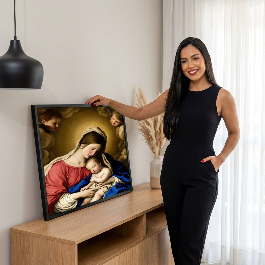 Quadro Decorativo A Virgem e o Menino - Sassoferrato | modelo apresentando o quadro emoldurado