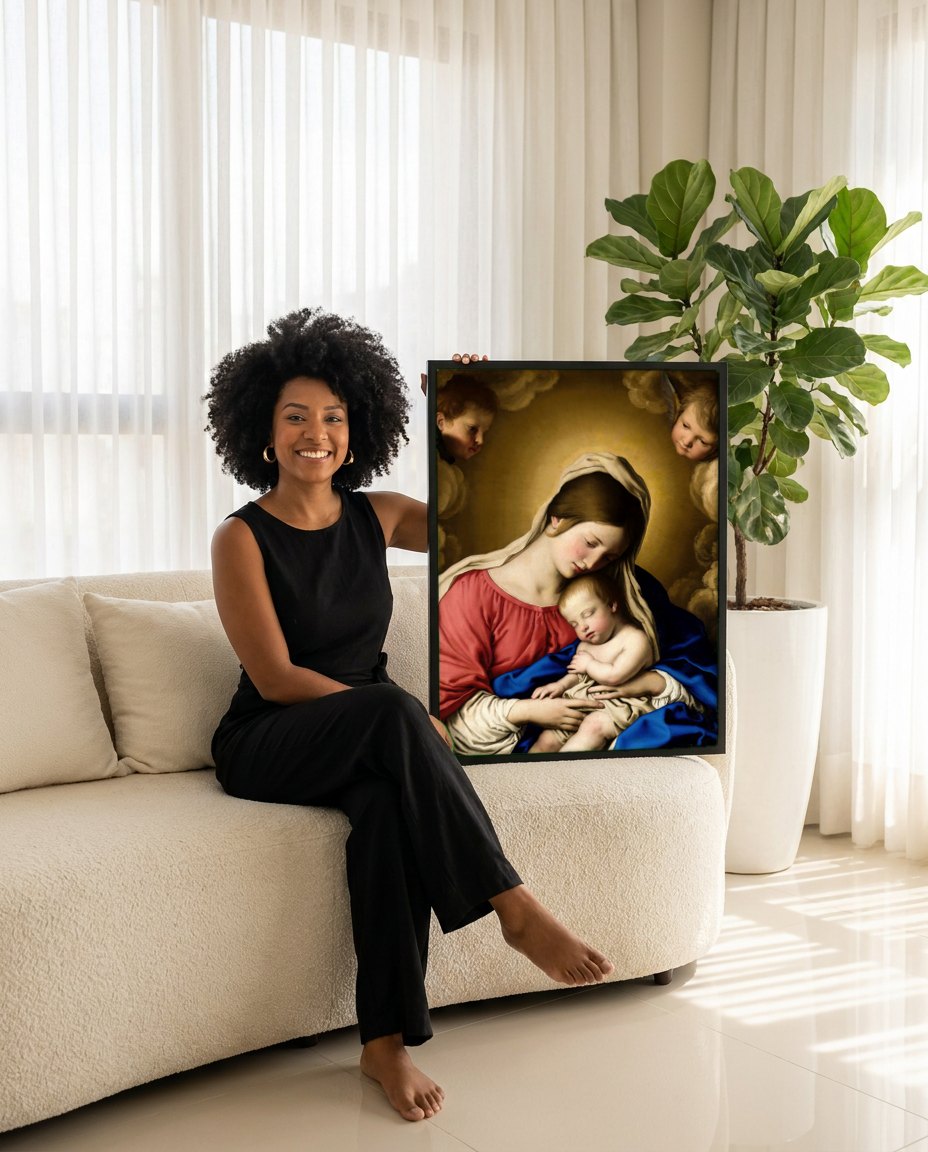 Quadro Decorativo A Virgem e o Menino - Sassoferrato | modelo apresentando o quadro emoldurado