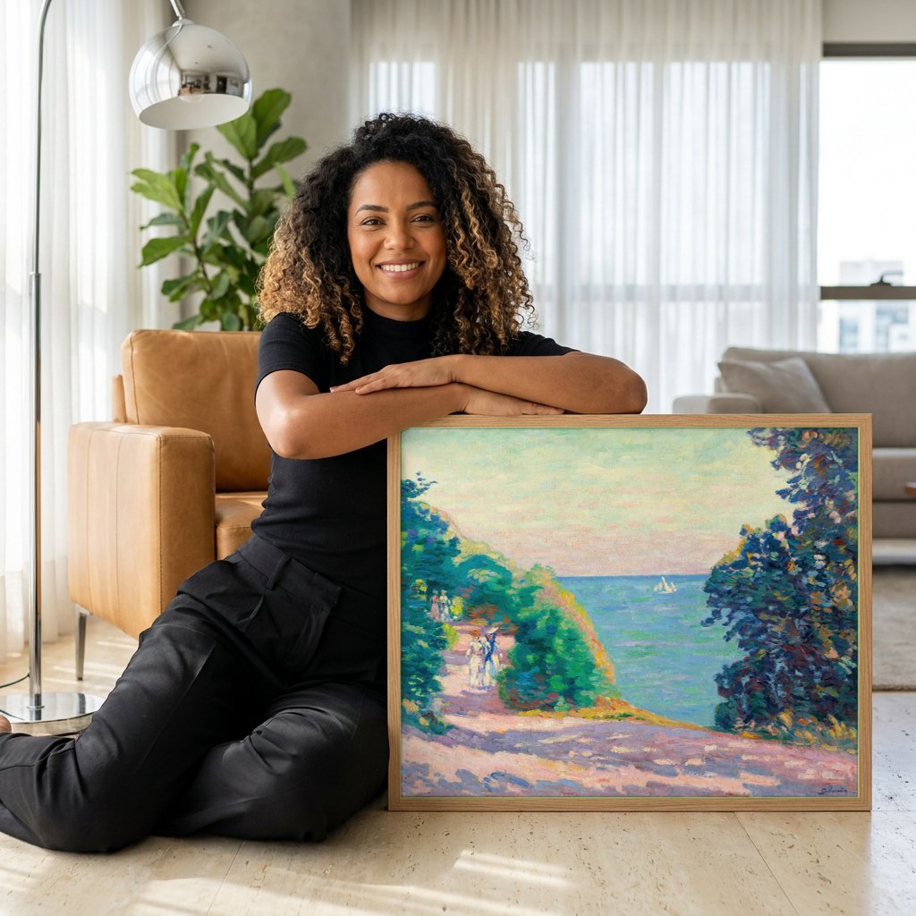 Quadro Decorativo Paisagem Costeira – Armand Guillaumin | modelo apresentando o quadro emoldurado
