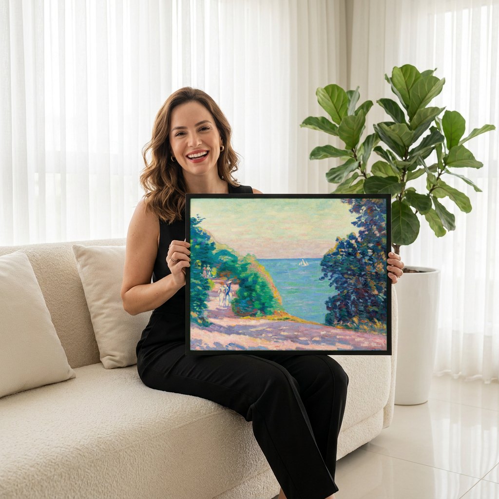 Quadro Decorativo Paisagem Costeira – Armand Guillaumin | modelo apresentando o quadro emoldurado