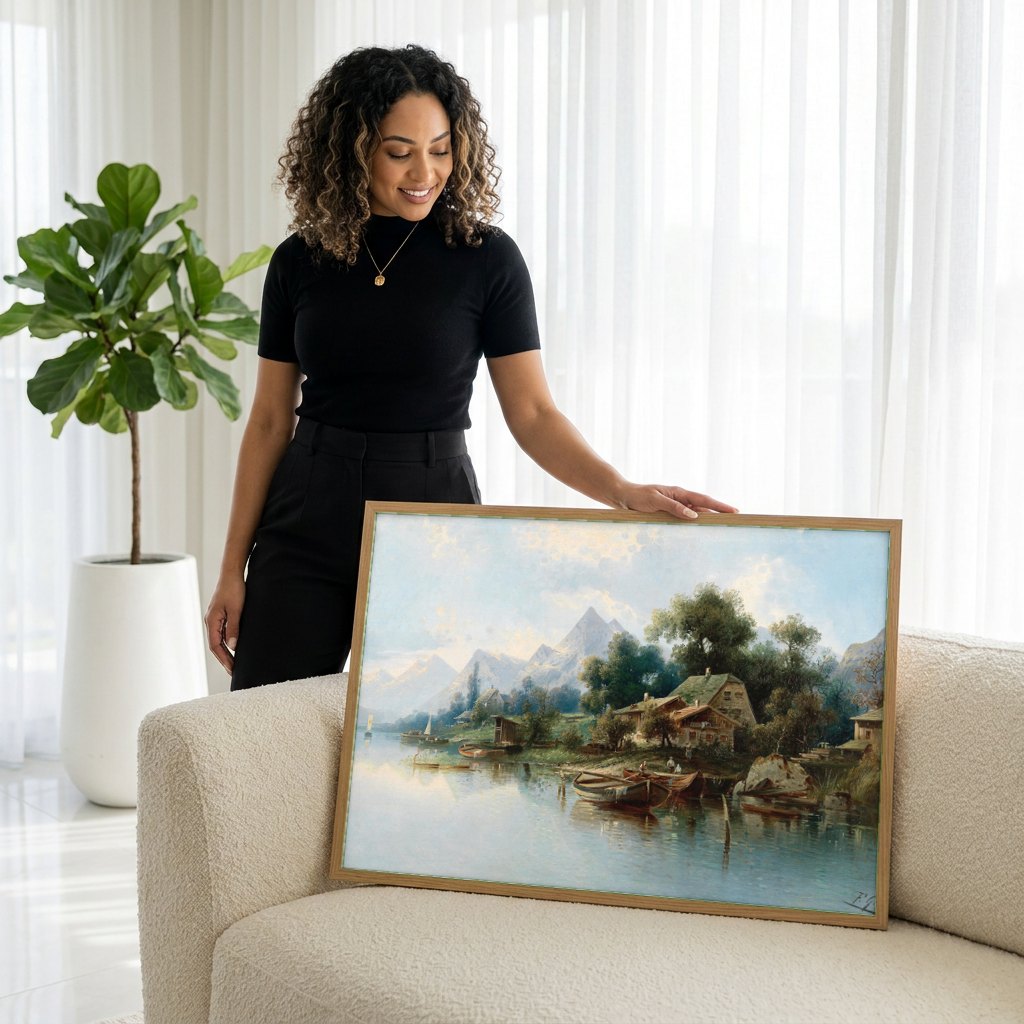 Quadro Decorativo Paisagem Alpina com Lago - Karl Kaufmann | modelo apresentando o quadro emoldurado