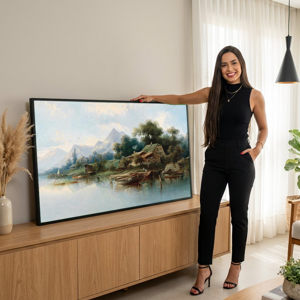 Quadro Decorativo Paisagem Alpina com Lago - Karl Kaufmann | modelo apresentando o quadro emoldurado