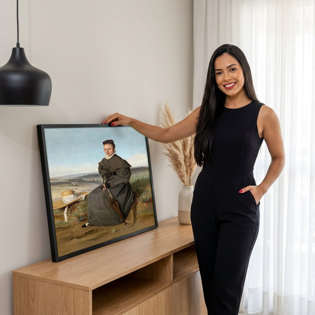 Quadro Decorativo A Mulher com o Guarda-chuva - Corot | modelo apresentando o quadro emoldurado