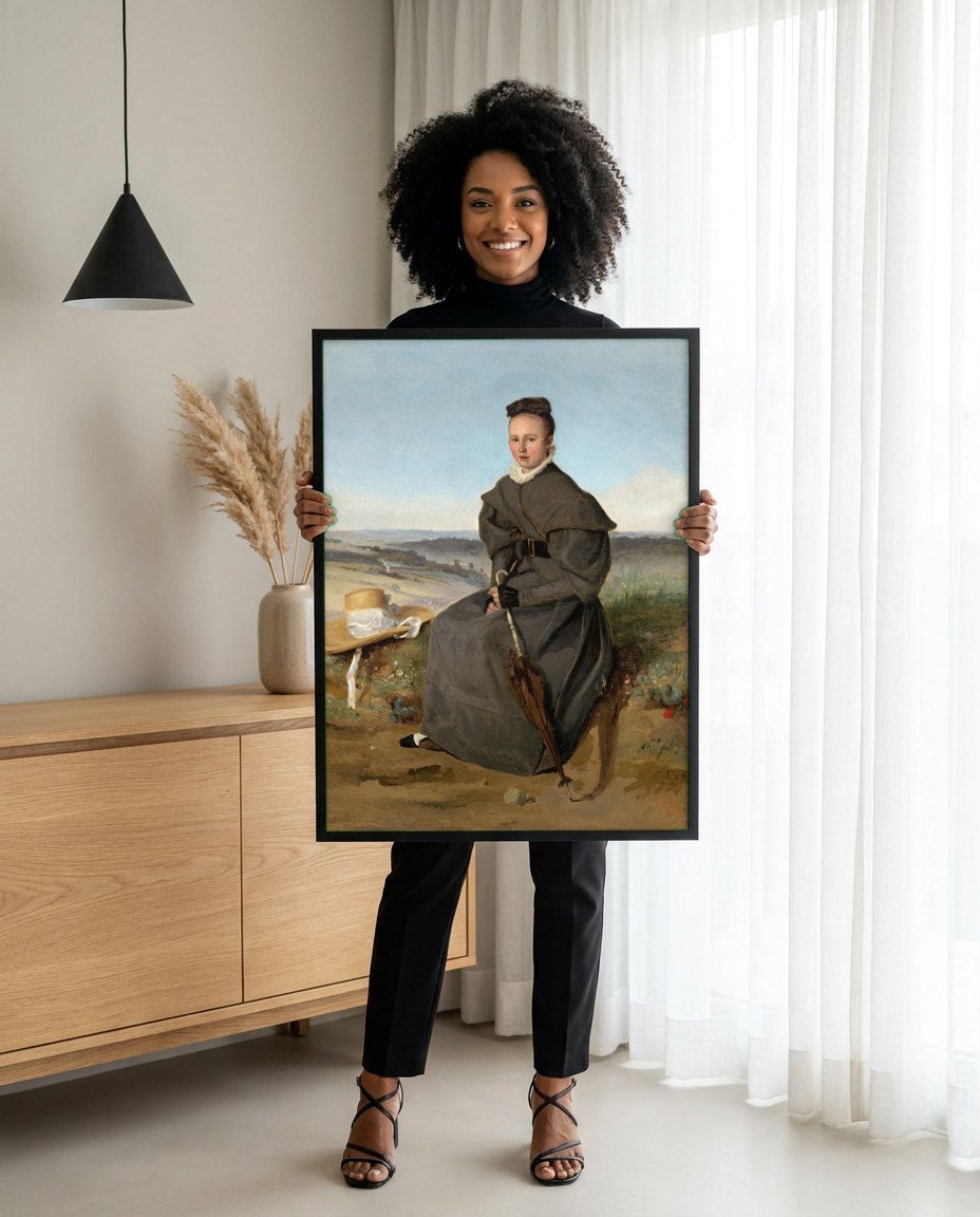 Quadro Decorativo A Mulher com o Guarda-chuva - Corot | modelo apresentando o quadro emoldurado