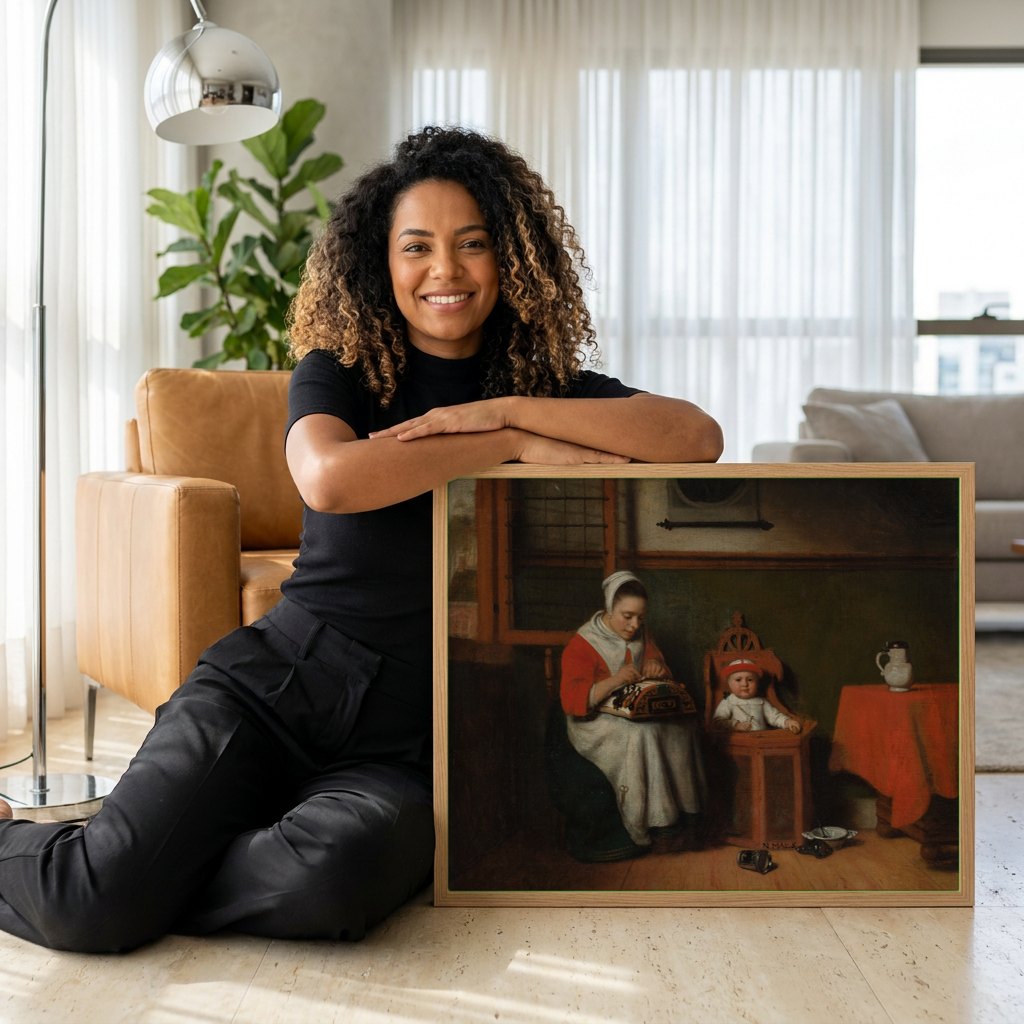 Quadro Decorativo A Fazedor de Renda e a Criança - Nicolaes Maes | modelo apresentando o quadro emoldurado