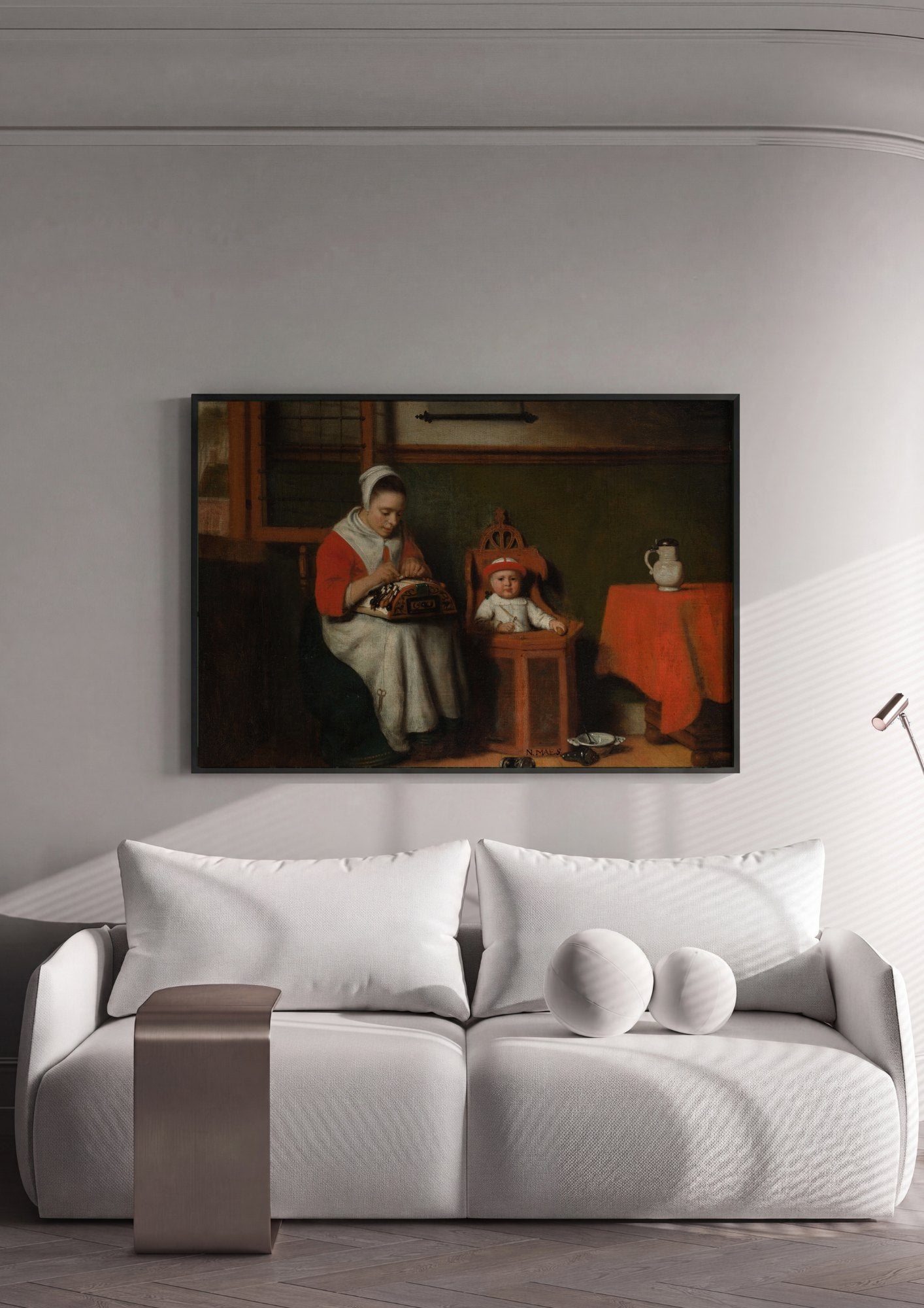 Quadro Decorativo A Fazedor de Renda e a Criança - Nicolaes Maes | quadro emoldurado na parede