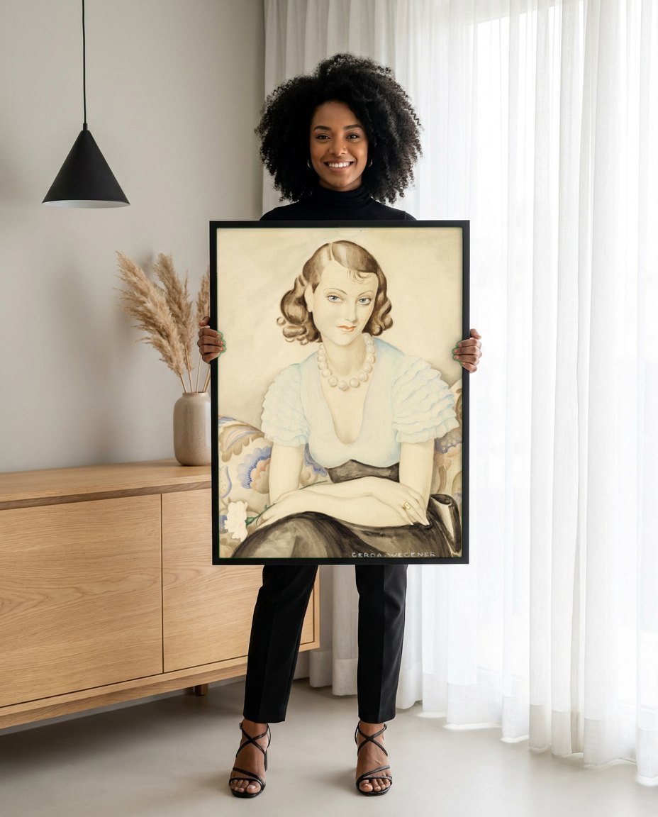 Quadro Decorativo Retrato Feminino Elegante - Gerda Wegener | modelo apresentando o quadro emoldurado