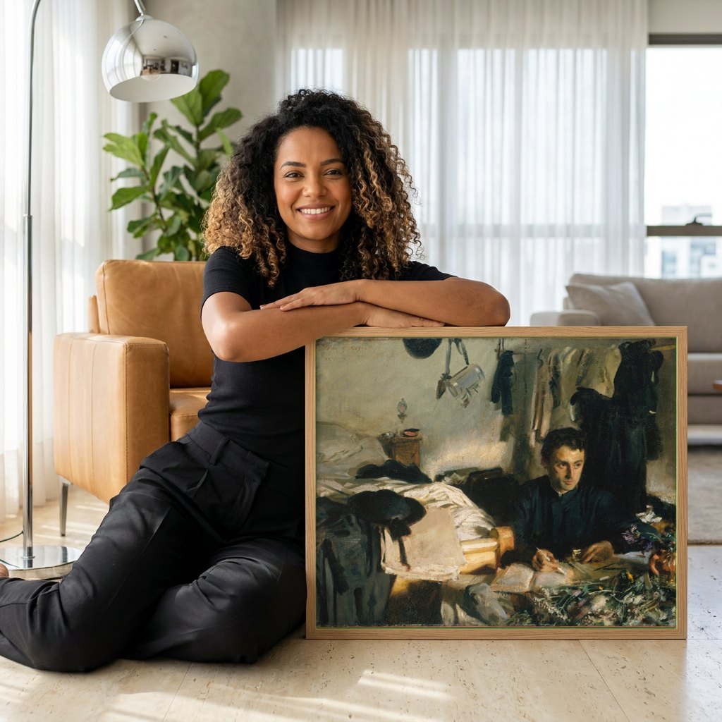 Quadro Decorativo O Estudante (o artista) - John Singer Sargent | modelo apresentando o quadro emoldurado