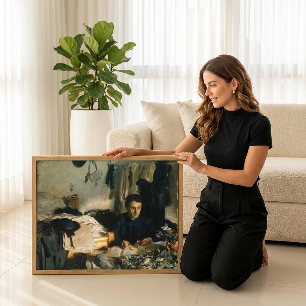 Quadro Decorativo O Estudante (o artista) - John Singer Sargent | modelo apresentando o quadro emoldurado