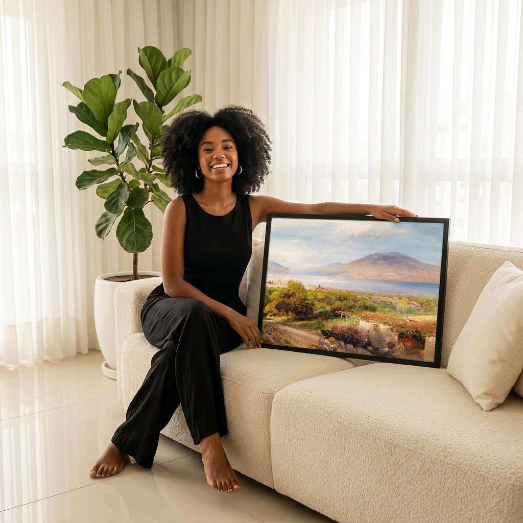 Quadro Decorativo Paisagem Mediterrânea - Oswald Achenbach | modelo apresentando o quadro emoldurado