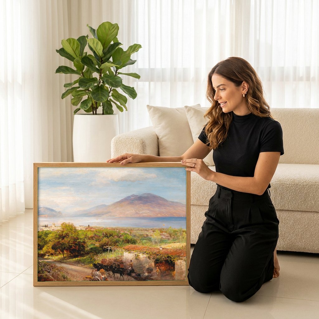 Quadro Decorativo Paisagem Mediterrânea - Oswald Achenbach | modelo apresentando o quadro emoldurado