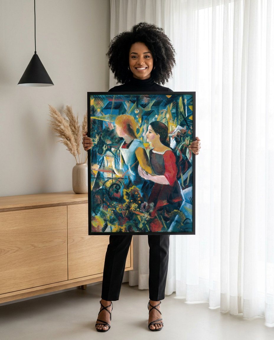 Quadro Decorativo Duas Garotas - August Macke | modelo apresentando o quadro emoldurado