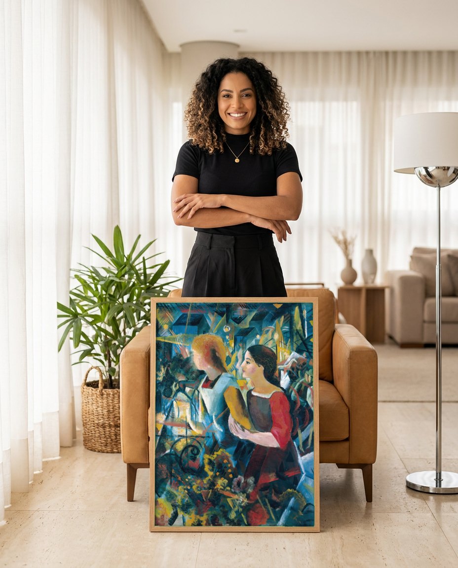 Quadro Decorativo Duas Garotas - August Macke | modelo apresentando o quadro emoldurado
